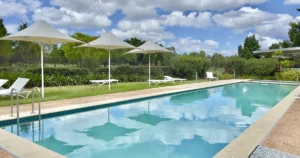 Modern rectangular residential swimming pool with poolside lounge seating and shade umbrellas