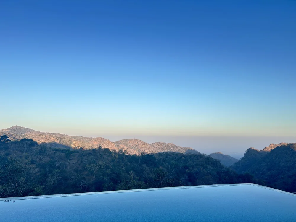 Infinity-edge pool with the water line appearing to merge into a hillside view